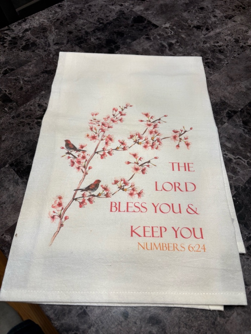 White Decorative Kitchen Towel with Pink Blossoms & Birds